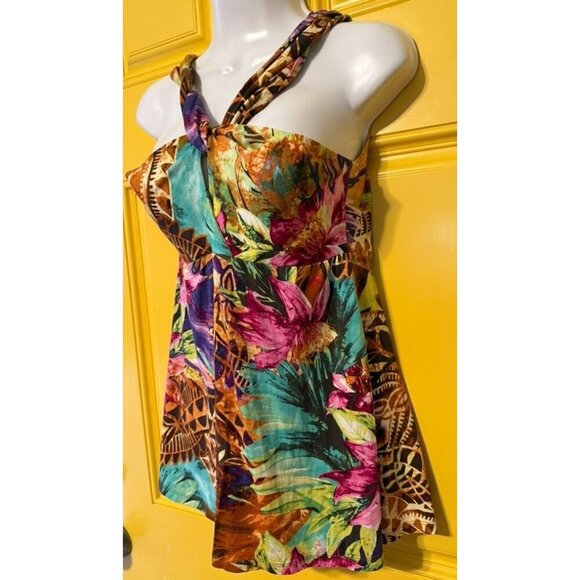 Boston Proper Multicolor Tropical Print Sleeveless Top With Twist Neck‎ & Draped - Picture 6 of 7